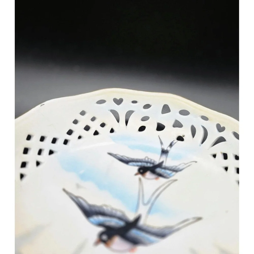 Vintage Hand Painted Pierced Porcelain Bowl Candy Dish Bird Swallow 7.75